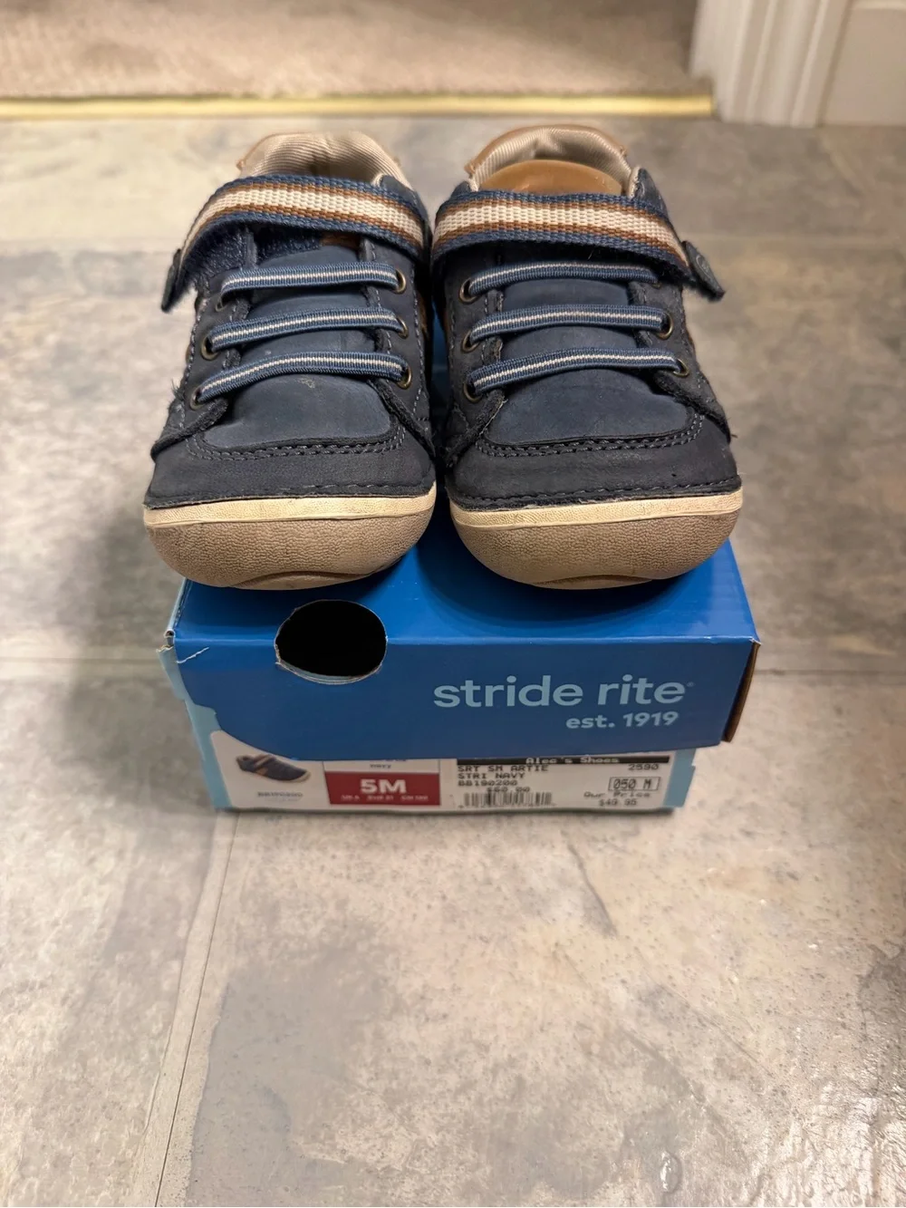 Stride Rite Boys Navy and Tan Hook-and-Loop Sneakers